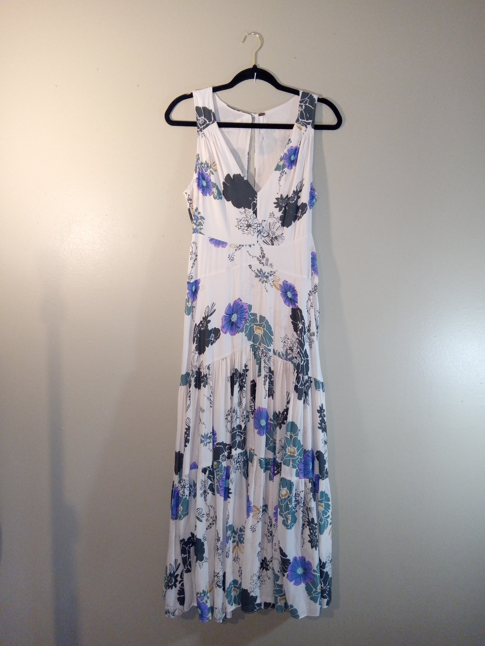 Free People Cream Maxi Dress with Purple & Black Floral Accents